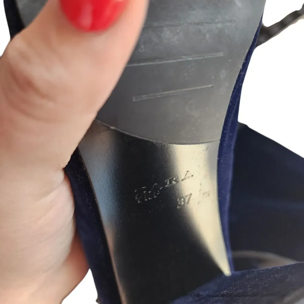 Zara‎ Blue Velvet Ankle Boots Ribbon Tie Block Heel Zip Womens 37 6.5